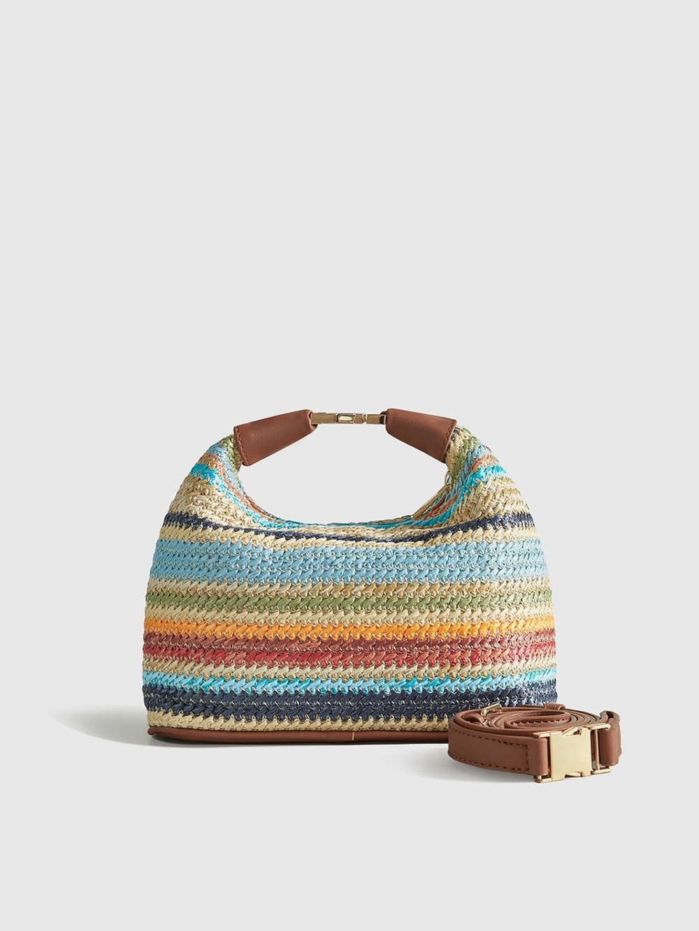 Commense Color-Block Striped Straw Handbag with Leather Strap